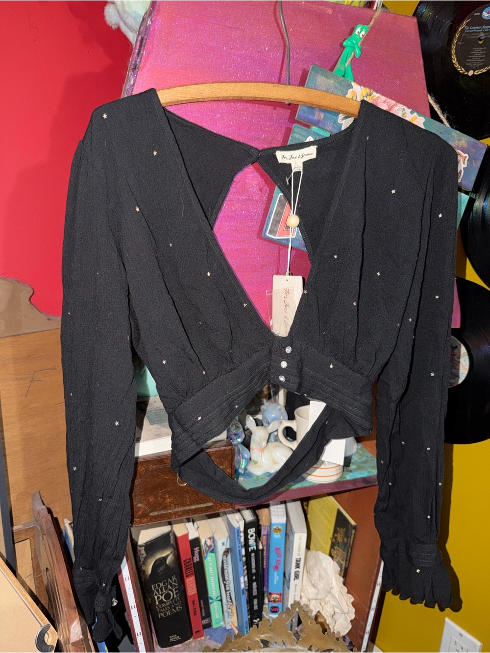 For Love & Lemons Black Cropped V-Neck Blouse with Tiny Dot Embellishments